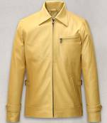 Men's yellow genuine lambskin leatherjacket-waist belt & handband & zipper style