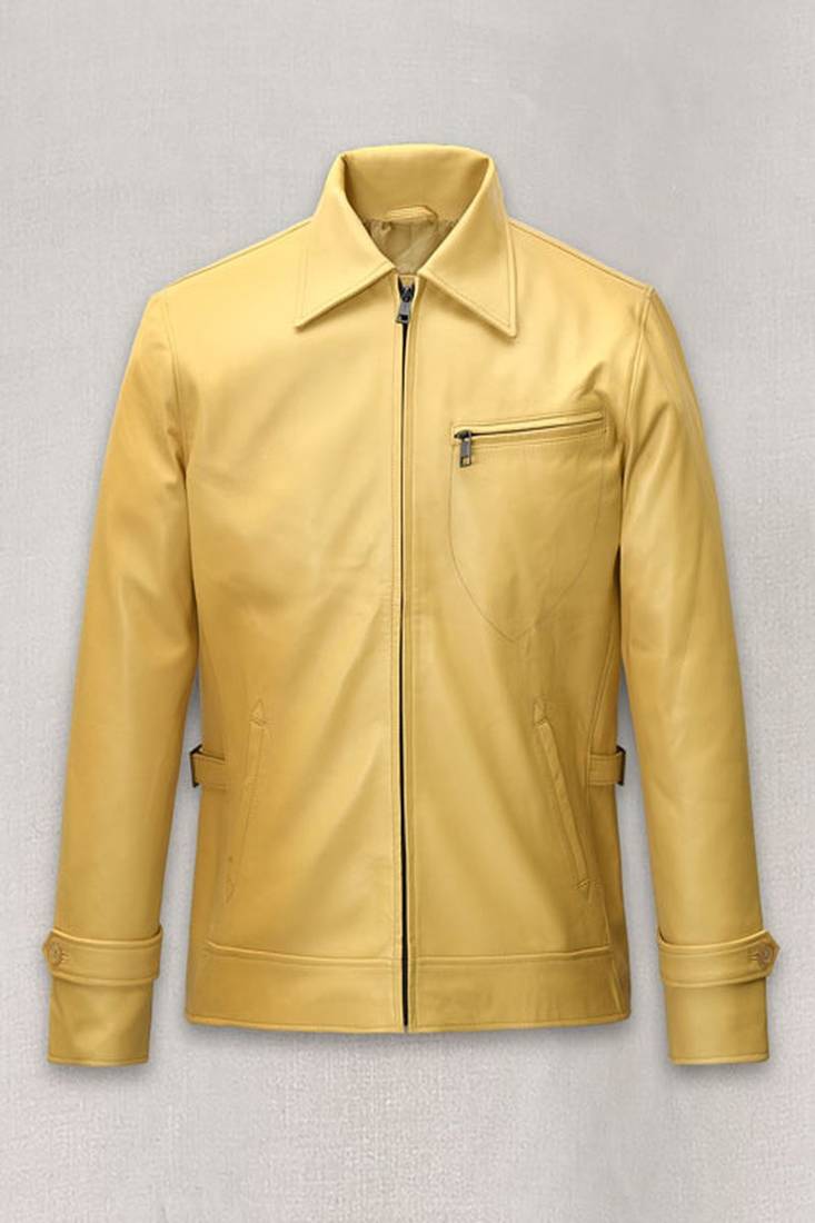 Men's yellow genuine lambskin leatherjacket-waist belt & handband & zipper style