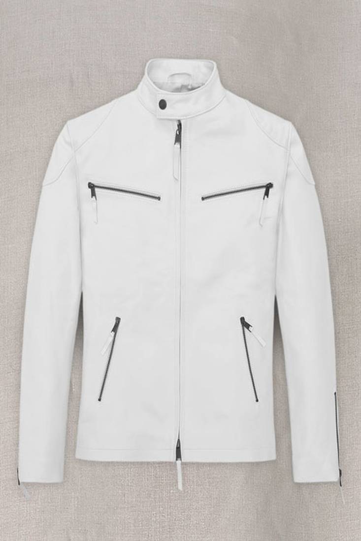 men's white lambskin cafe racer jacket asymmetrical zip closure