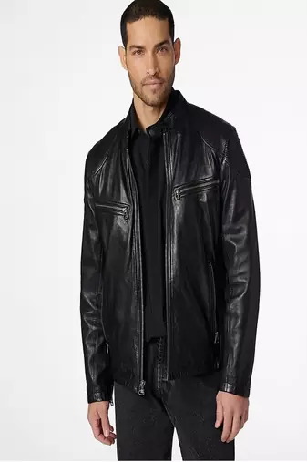 men's black lambskin cafe racer jacket quilted shoulder detailing