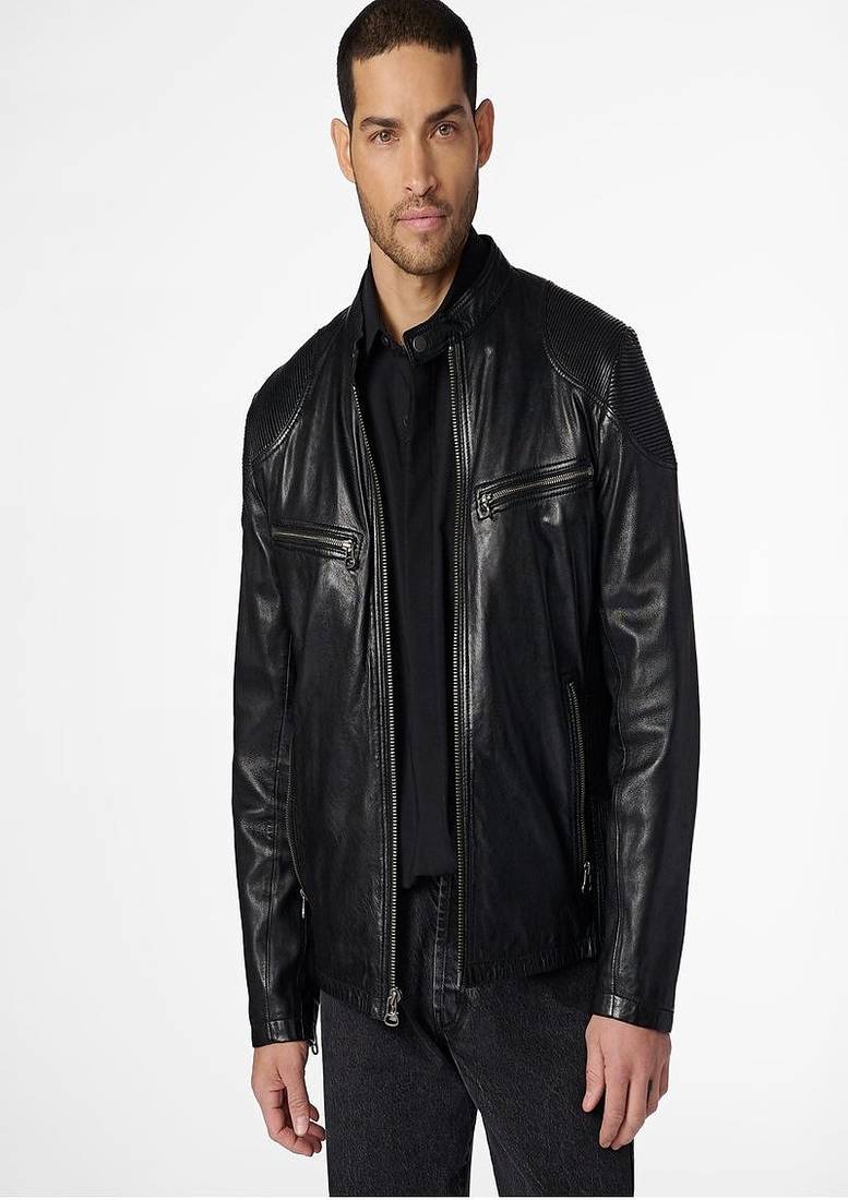men's black lambskin cafe racer jacket quilted shoulder detailing