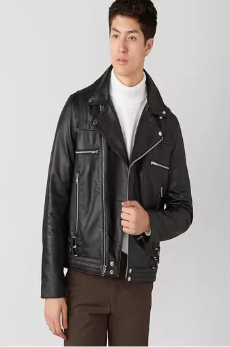 men's black premium lambskin leather jacket asymmetrical zip closure stylish