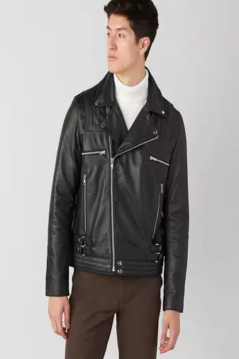 men's black premium lambskin leather jacket asymmetrical zip closure stylish