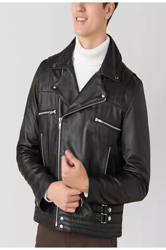 men's black premium lambskin leather jacket asymmetrical zip closure stylish