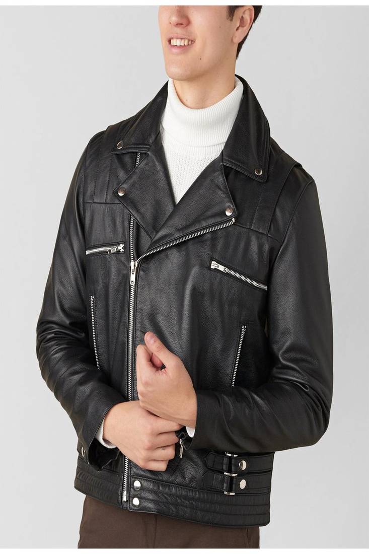 men's black premium lambskin leather jacket asymmetrical zip closure stylish