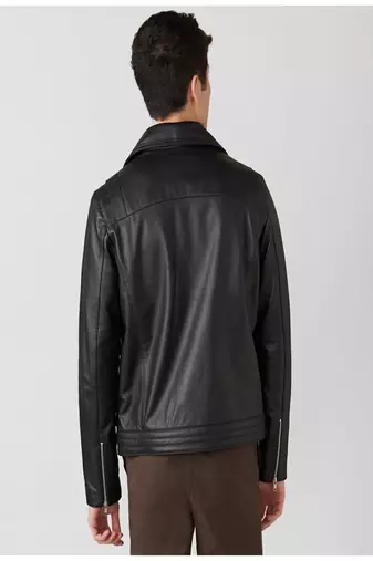 men's black premium lambskin leather jacket asymmetrical zip closure stylish