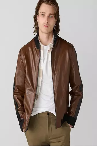 men's brown lambskin cafe racer jacket band collar racer style superior
