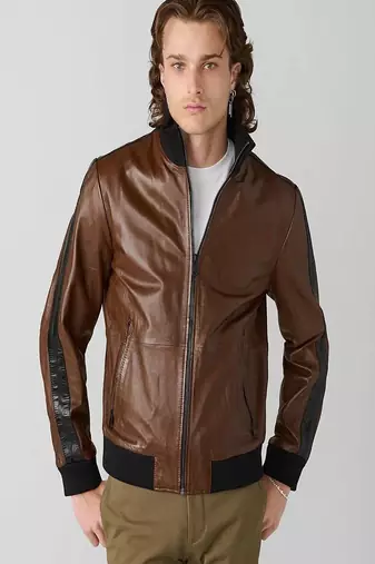 men's brown lambskin cafe racer jacket band collar racer style superior