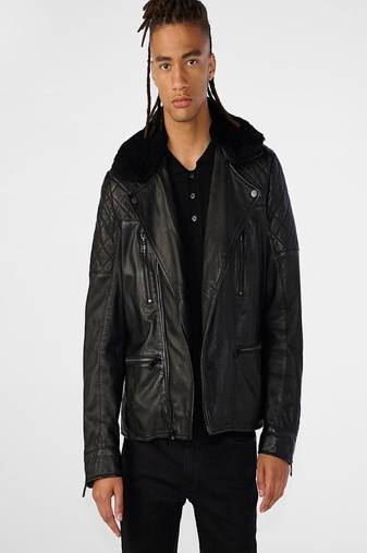 men's black premium lambskin leather jacket quilted shoulder detailing authentic