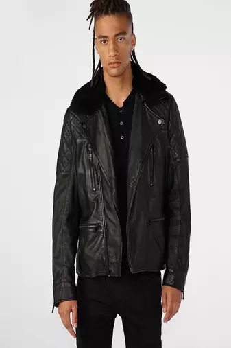men's black premium lambskin leather jacket quilted shoulder detailing authentic