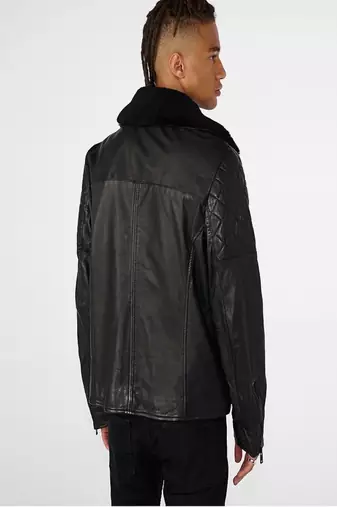 men's black premium lambskin leather jacket quilted shoulder detailing authentic