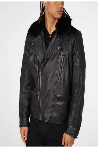 men's black premium lambskin leather jacket quilted shoulder detailing authentic