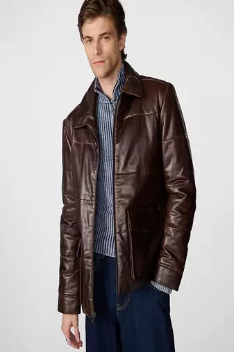 men's brown lambskin leather jacket classic zip up style premium genuine