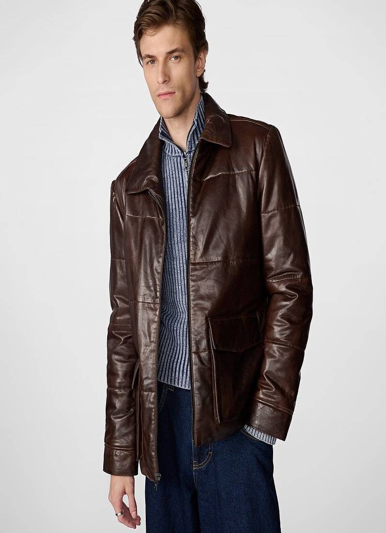 men's brown lambskin leather jacket classic zip up style premium genuine