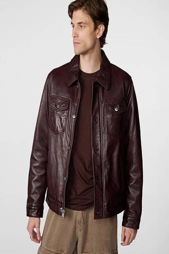 men's burgundy lambskin leather jacket snap button front closure