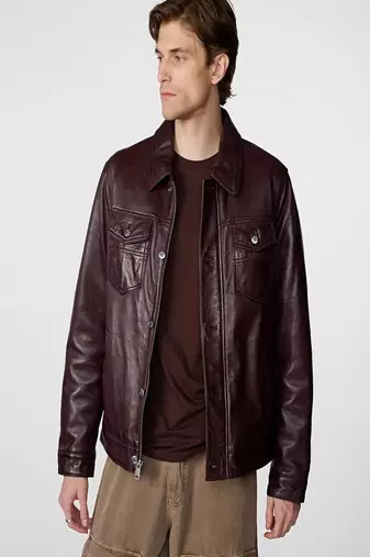 men's burgundy lambskin leather jacket snap button front closure