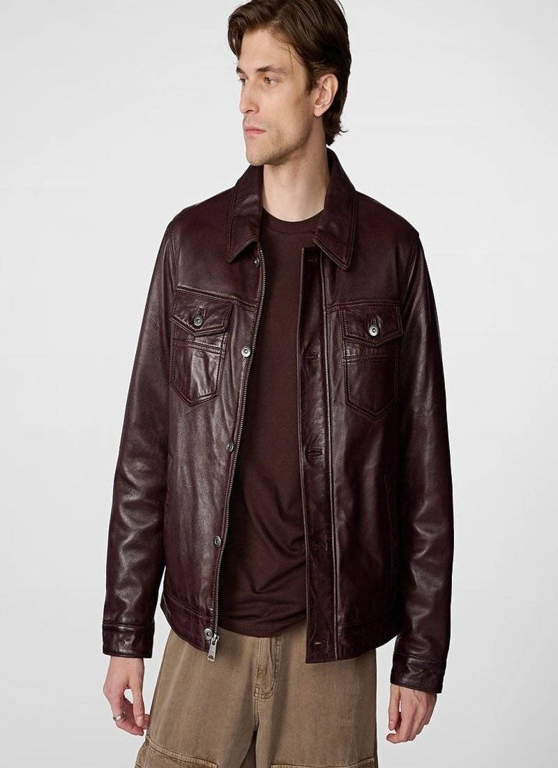 men's burgundy lambskin leather jacket snap button front closure