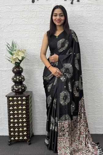 Black Color Mirror And Latkan Pallu Border Work Satin Silk Saree