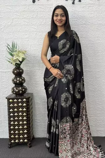 Black Color Mirror And Latkan Pallu Border Work Satin Silk Saree