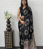 Black Color Mirror And Latkan Pallu Border Work Satin Silk Saree