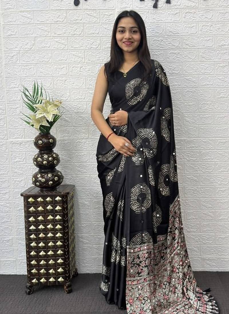 Black Color Mirror And Latkan Pallu Border Work Satin Silk Saree