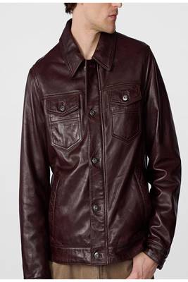 men's burgundy lambskin leather jacket snap button front closure 2
