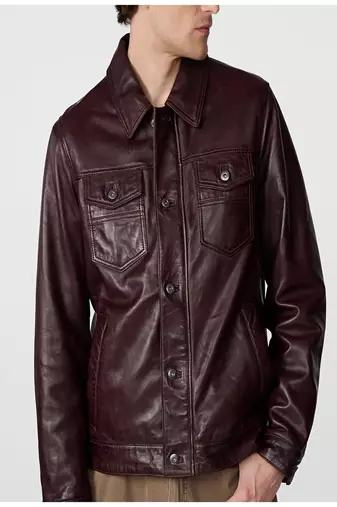 men's burgundy lambskin leather jacket snap button front closure