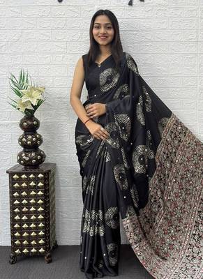 Black Color Mirror And Latkan Pallu Border Work Satin Silk Saree 2