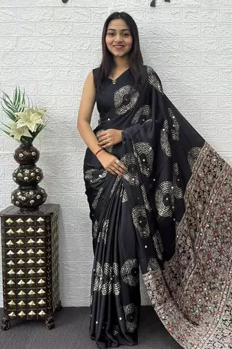 Black Color Mirror And Latkan Pallu Border Work Satin Silk Saree