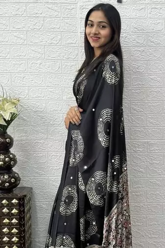 Black Color Mirror And Latkan Pallu Border Work Satin Silk Saree