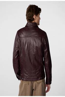 men's burgundy lambskin leather jacket snap button front closure 3