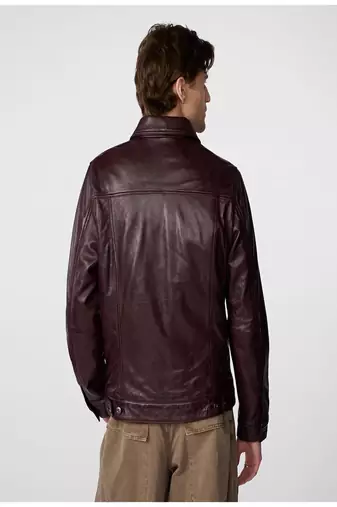 men's burgundy lambskin leather jacket snap button front closure