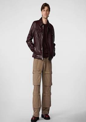 men's burgundy lambskin leather jacket snap button front closure 4