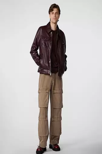 men's burgundy lambskin leather jacket snap button front closure
