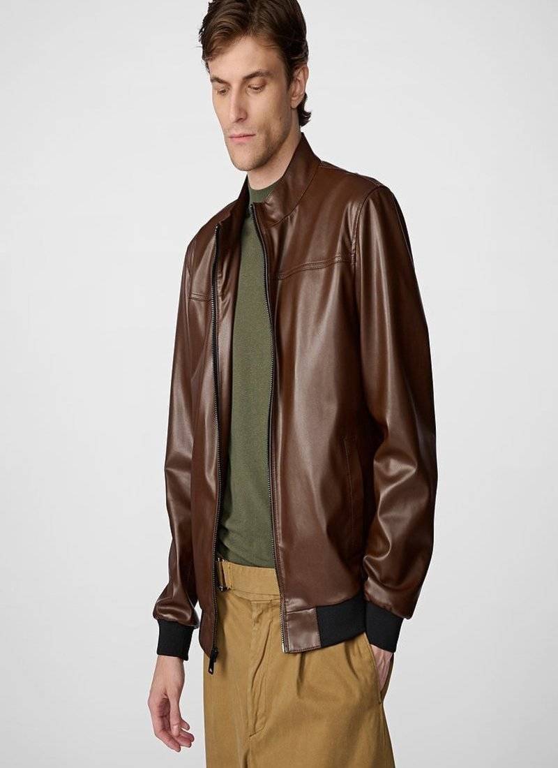 men's brown lambskin leather jacket classic zip up style premium refined
