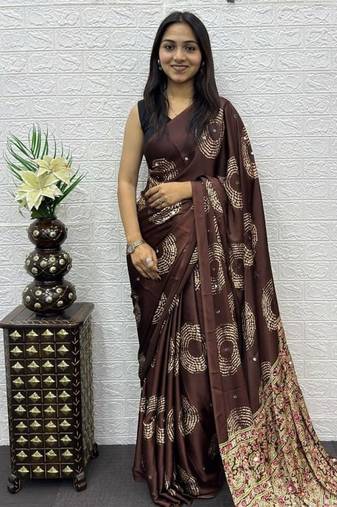 Brown Color Mirror And Latkan Pallu Border Work Satin Silk Saree