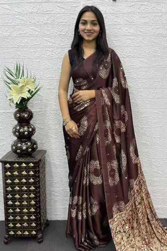 Brown Color Mirror And Latkan Pallu Border Work Satin Silk Saree