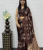 Brown Color Mirror And Latkan Pallu Border Work Satin Silk Saree