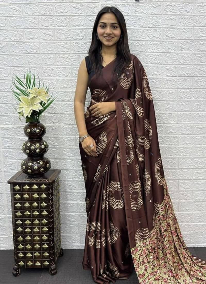 Brown Color Mirror And Latkan Pallu Border Work Satin Silk Saree