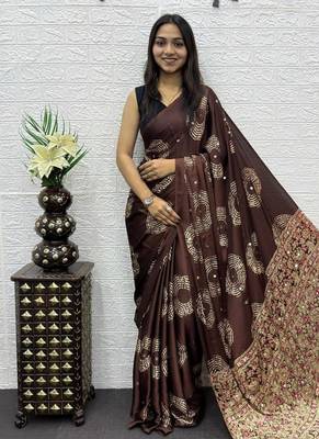 Brown Color Mirror And Latkan Pallu Border Work Satin Silk Saree 2