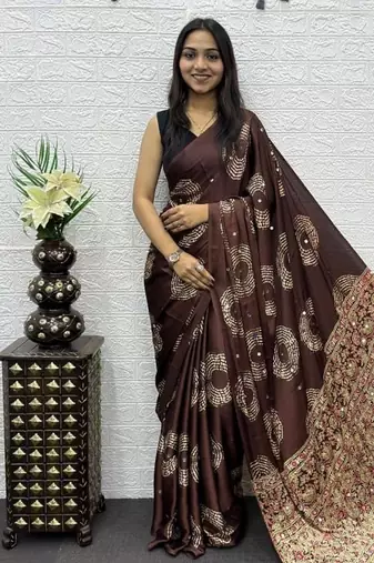 Brown Color Mirror And Latkan Pallu Border Work Satin Silk Saree