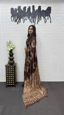 Brown Color Mirror And Latkan Pallu Border Work Satin Silk Saree 3