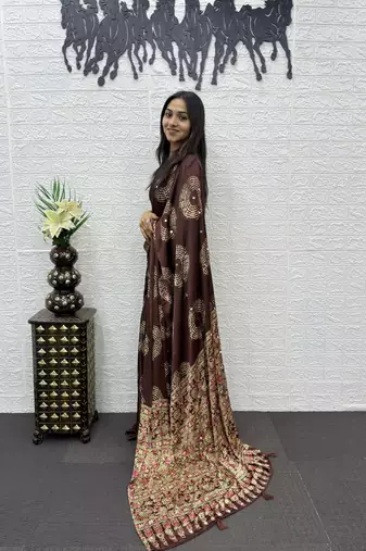 Brown Color Mirror And Latkan Pallu Border Work Satin Silk Saree