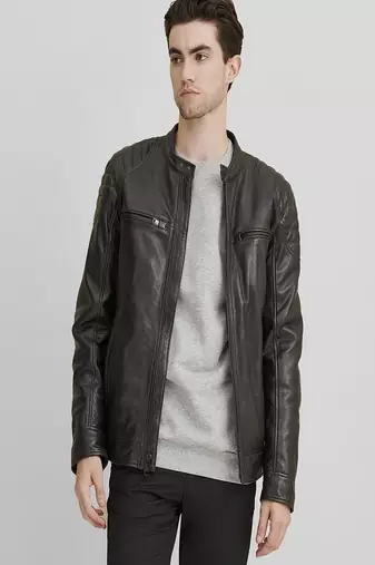 men's black premium lambskin leather jacket quilted shoulder detailing genuine