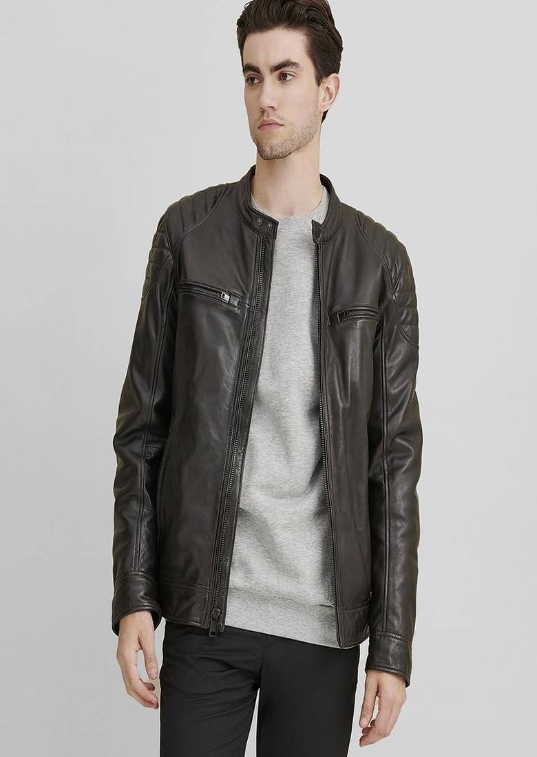 men's black premium lambskin leather jacket quilted shoulder detailing genuine