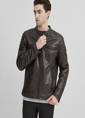 men's black premium lambskin leather jacket quilted shoulder detailing genuine 2