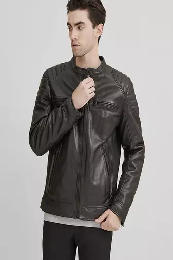 men's black premium lambskin leather jacket quilted shoulder detailing genuine