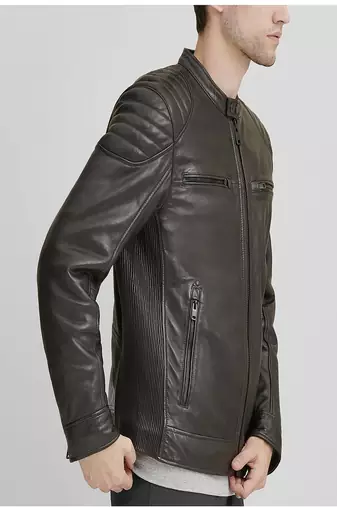 men's black premium lambskin leather jacket quilted shoulder detailing genuine