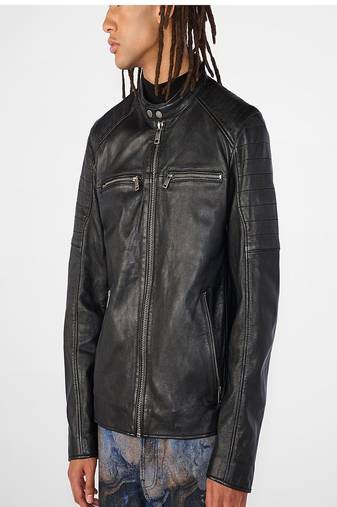 men's black premium lambskin leather jacket quilted shoulder detailing superior
