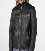 men's black premium lambskin leather jacket quilted shoulder detailing superior